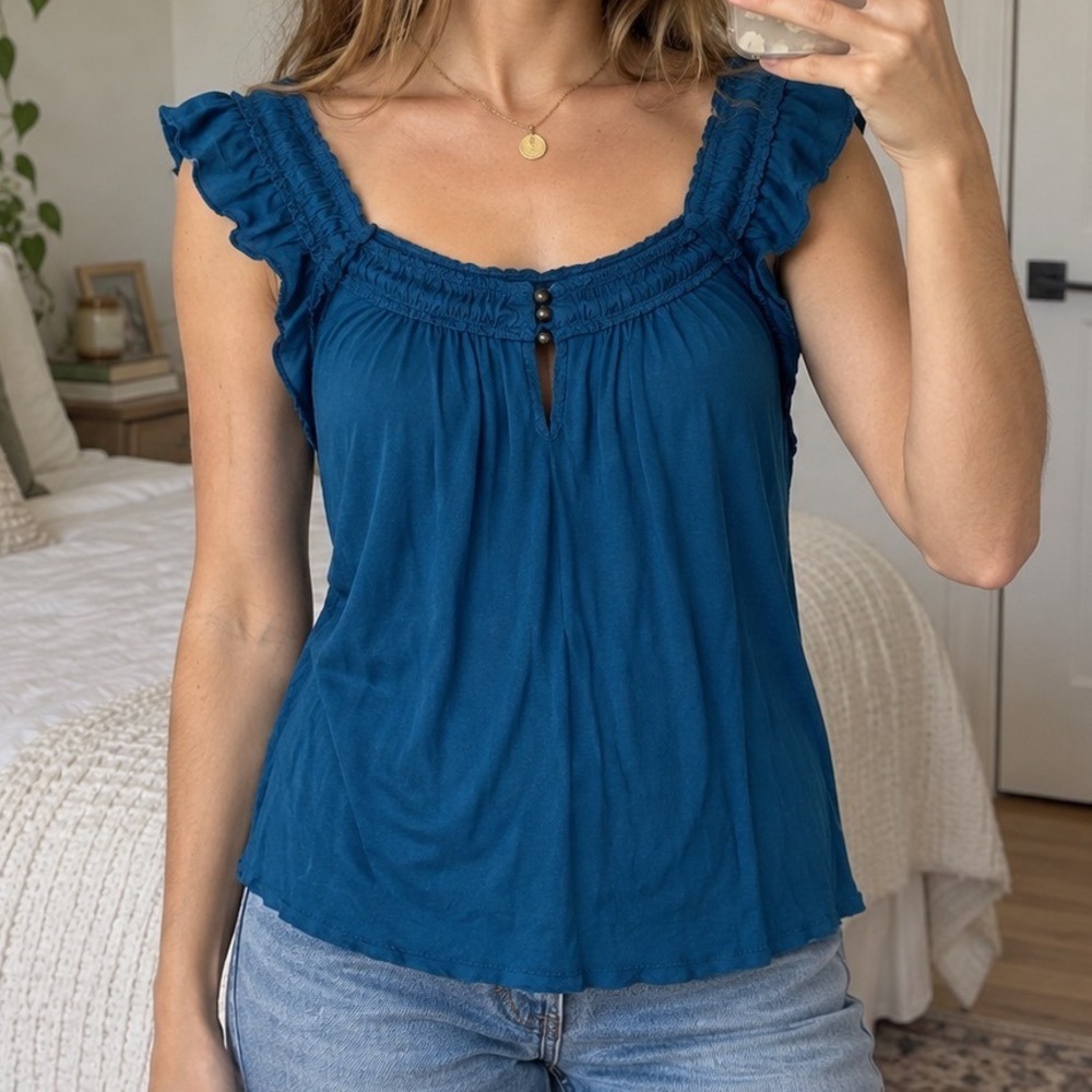 Marc Jacobs y2k Teal Blue Ruffle Flutter Sleeve Drawstring Top S cottage prairie
